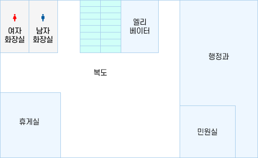  본관 1층 - 엘리베이터에서 시계방향으로 행정과, 민원실, 복도, 휴게실, 여자 화장실, 남자화장실